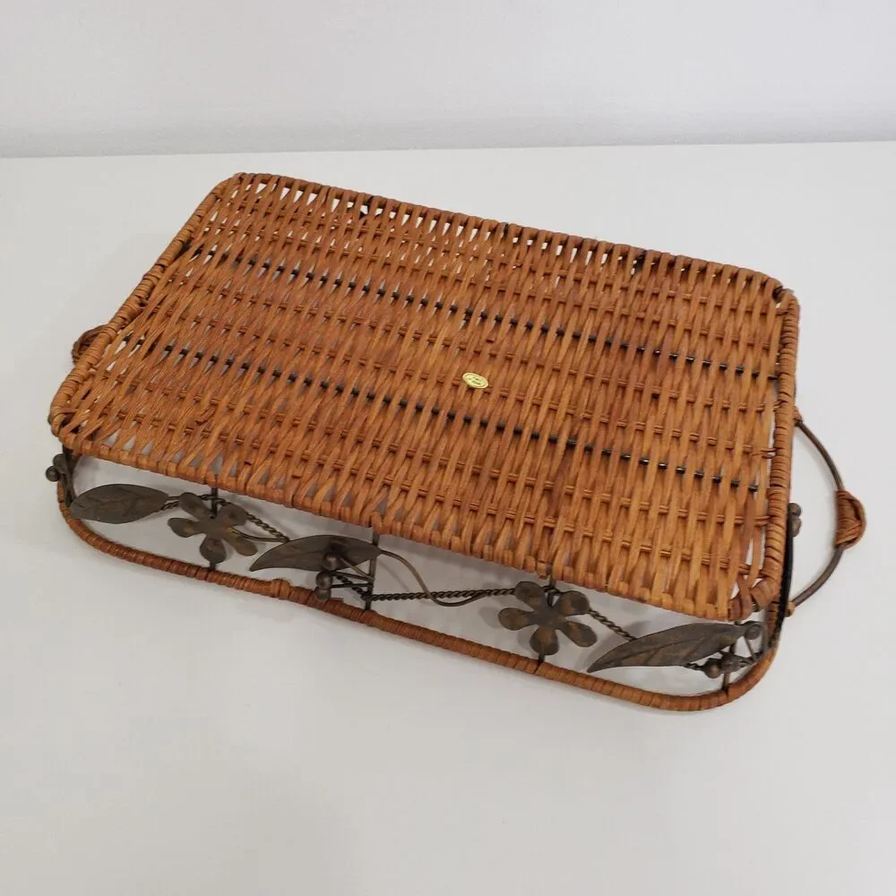 Beautiful Rectangle Weaved Wicker and Metal 'Leaves' Tray Basket (10 x 17)